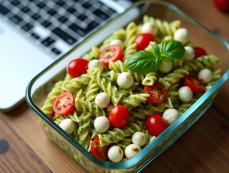 Idealny obiad do pracy bez odgrzewania. Przepis na sałatkę makaronową z pesto