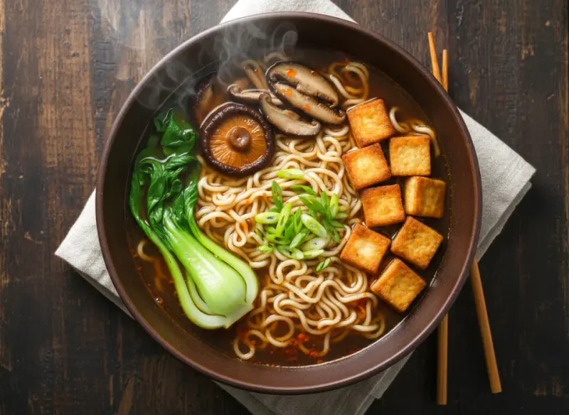 Wegański ramen z grzybami shiitake. Aromatyczny bulion bez mięsa
